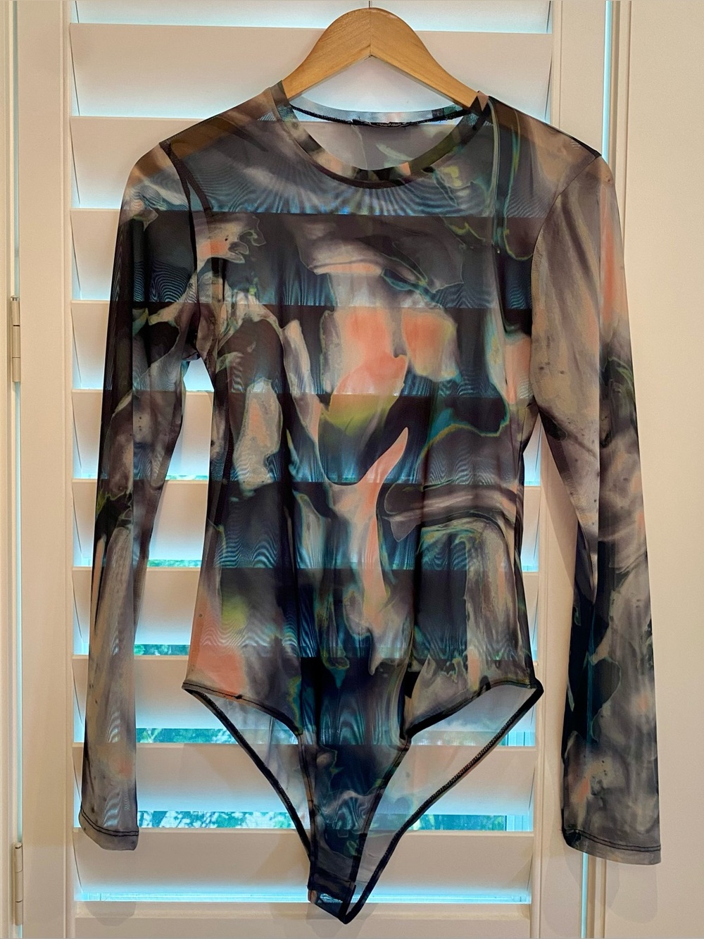 Zara Abstract Print Long-Sleeve Mesh Bodysuit - Multicolor